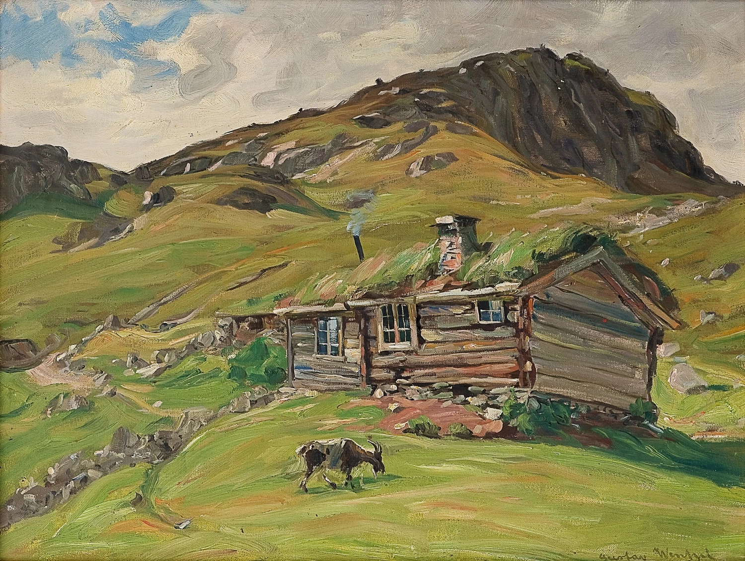 Casa con capra in montagna
